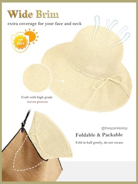 Straw Bucket Hat Wide Brim Packable UV Protection Travel Summer Cap